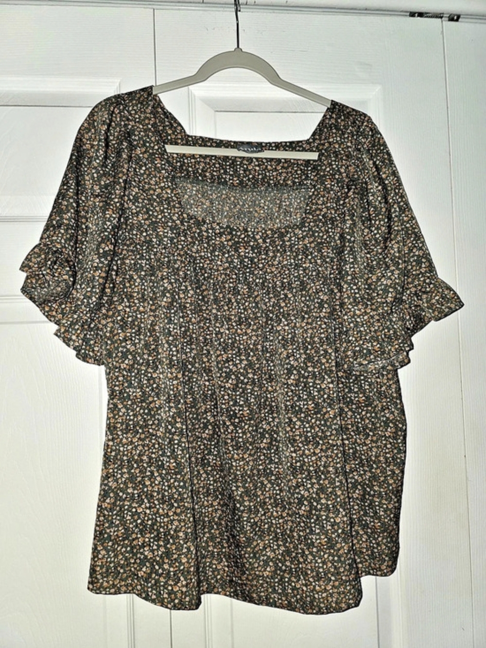Arula Green Floral Square Neck Ruffle Sleeve Blouse XL